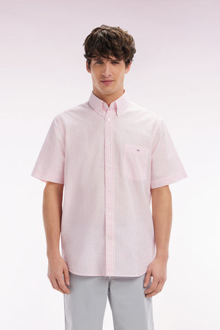 Straight striped short-sleeved pink cotton shirt