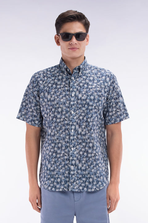 Chemise à manches courtes en coton marine à microimprimé palmiers coupe droite - Image 1