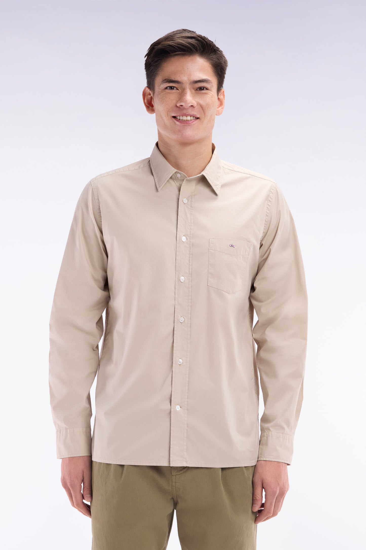 Straight-fit unisex shirt in beige stretch cotton and lyocell