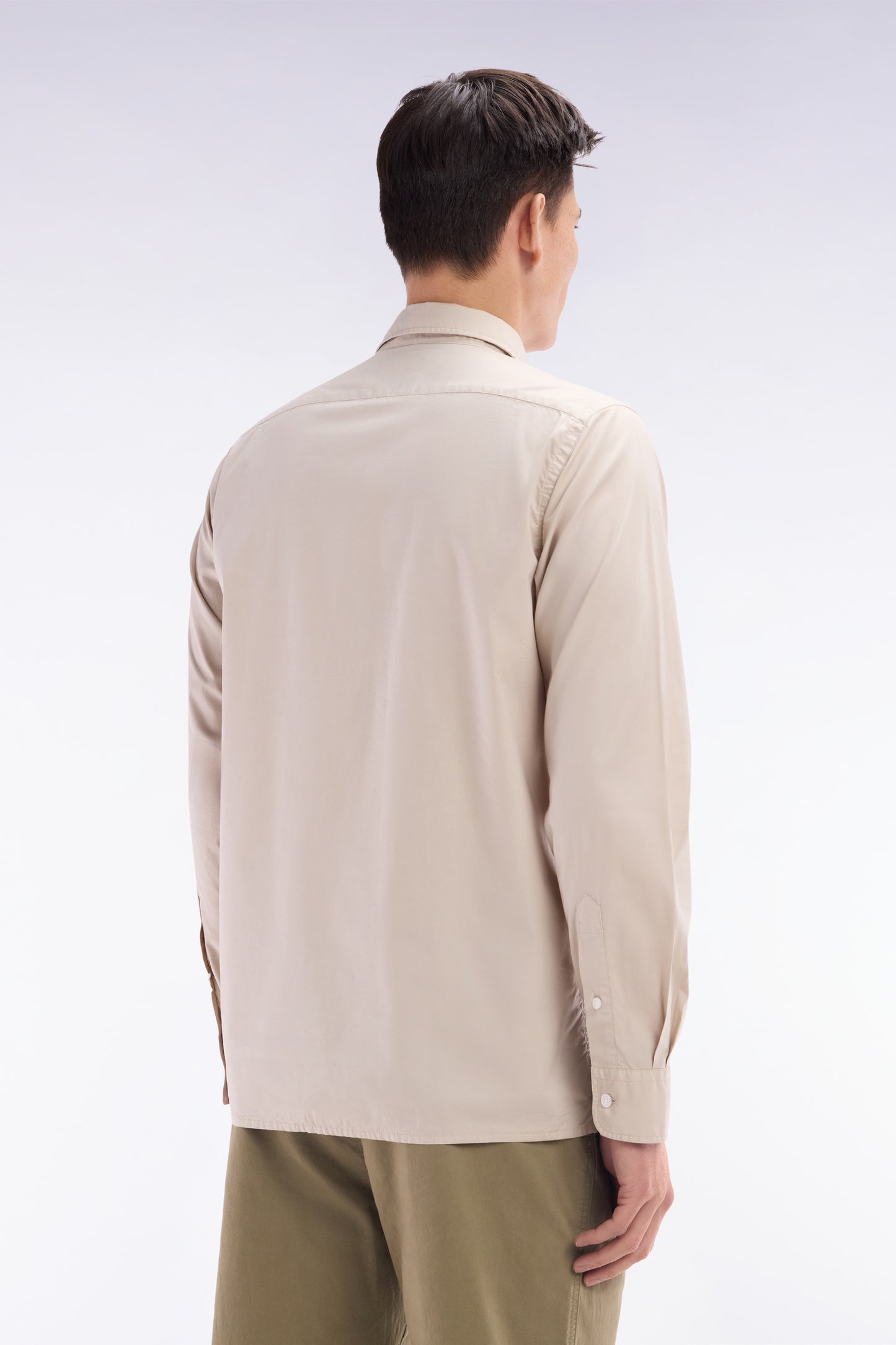 Straight-fit unisex shirt in beige stretch cotton and lyocell