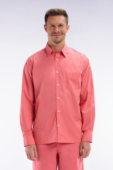 Straight-fit unisex shirt in salmon pink stretch cotton and lyocell - Image 1