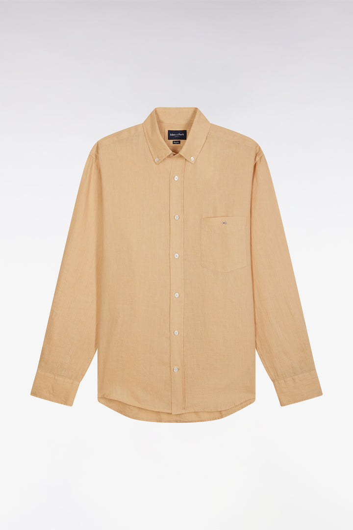 Chemise en lin camel unie coupe droite