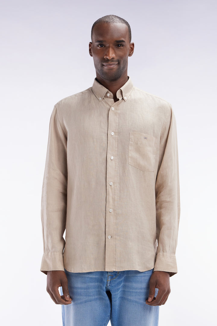 Chemise en lin beige unie coupe droite