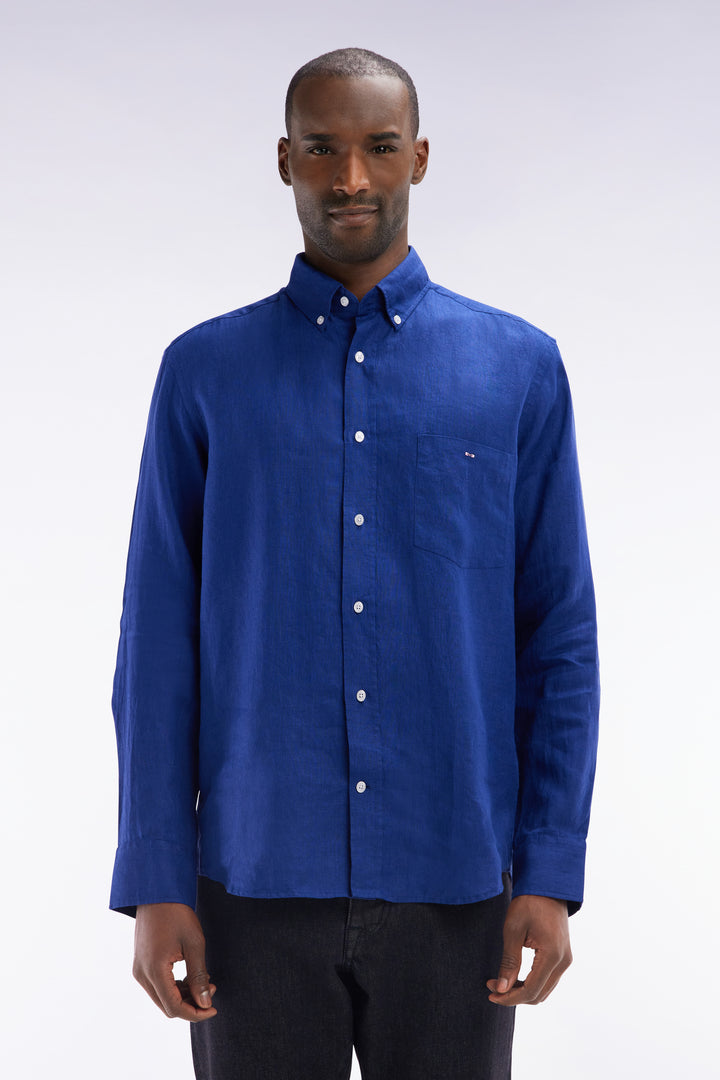 Chemise en lin bleu foncé unie coupe droite