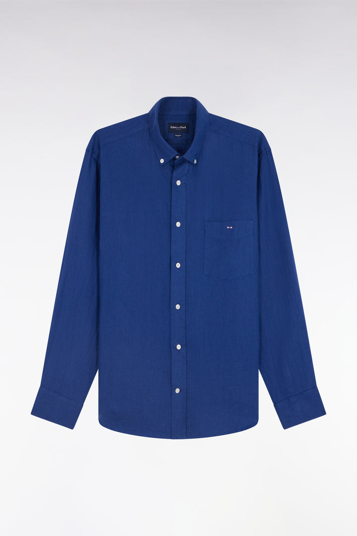 Chemise en lin bleu foncé unie coupe droite