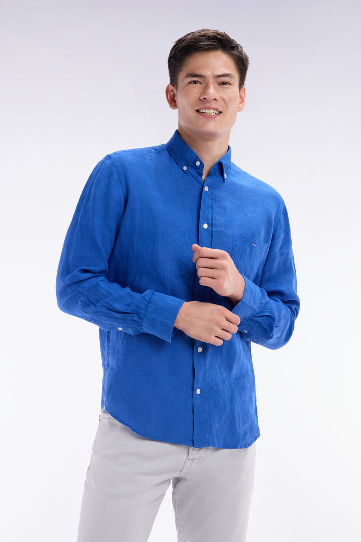 Chemise en lin bleu unie coupe droite