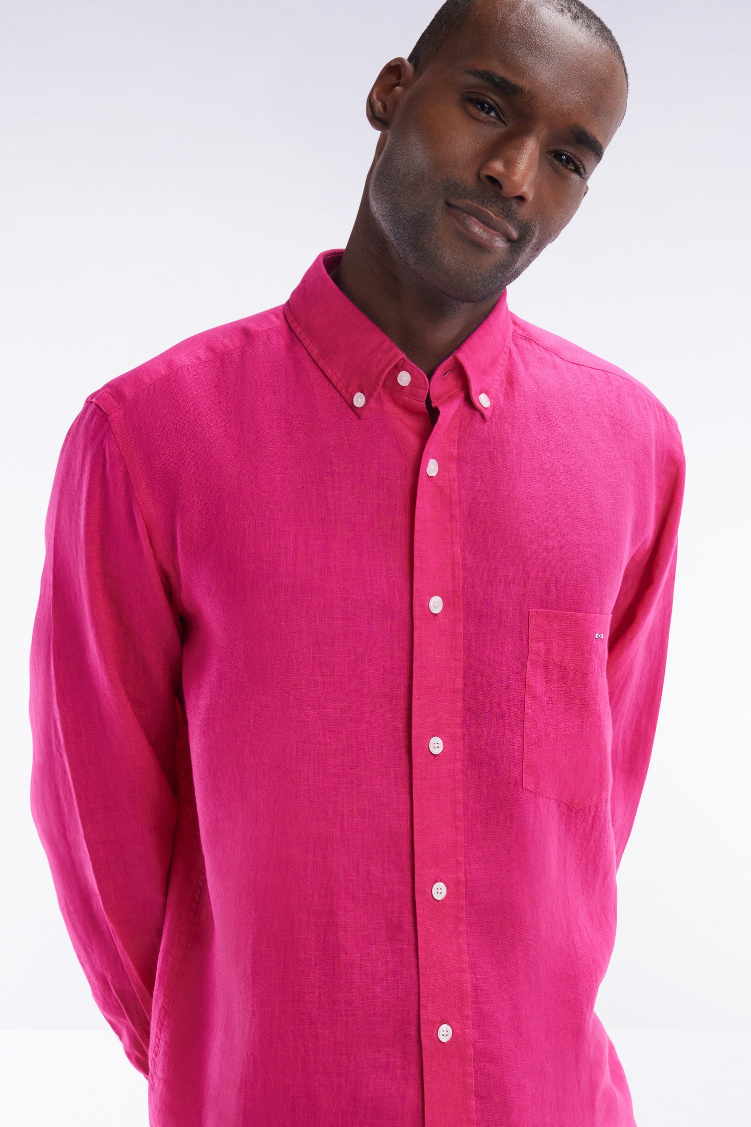 Chemise en lin fuchsia unie coupe droite