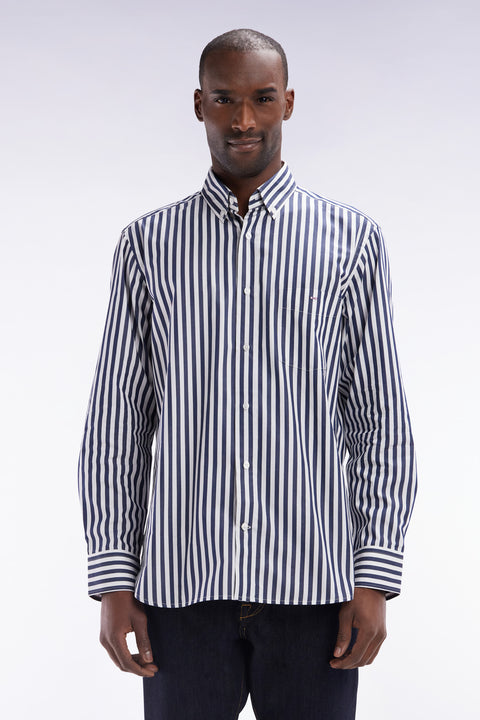 Straight-fit striped navy cotton shirt - Image 1