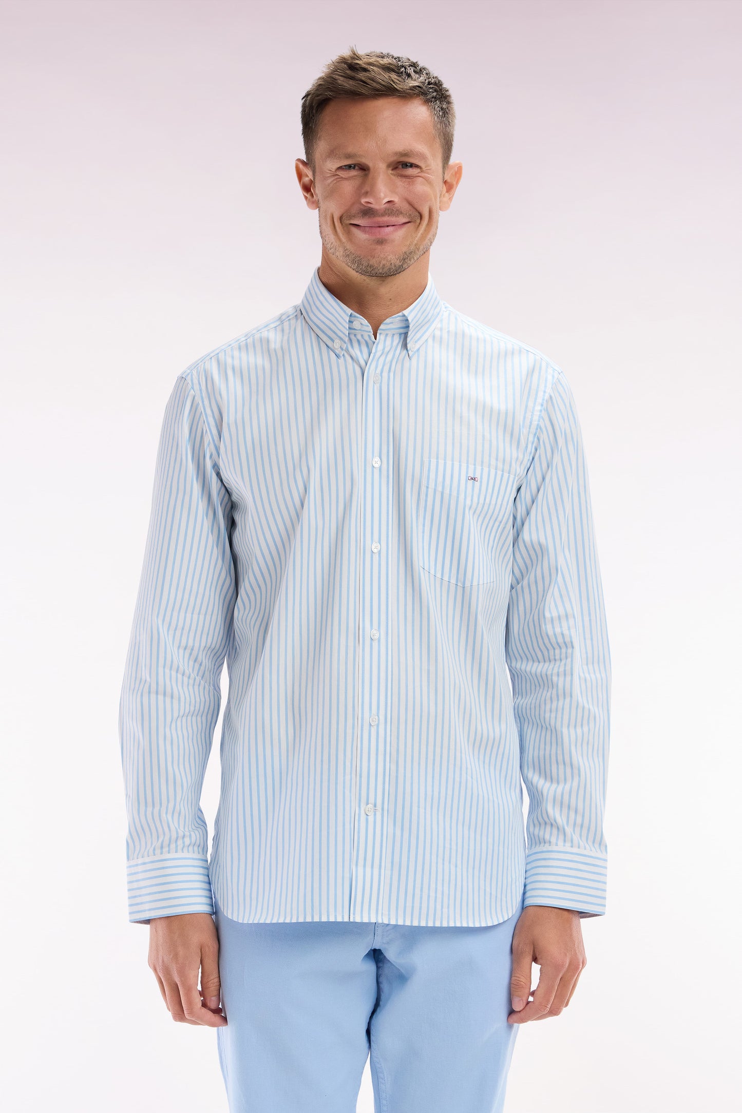 Straight-fit striped sky blue cotton shirt