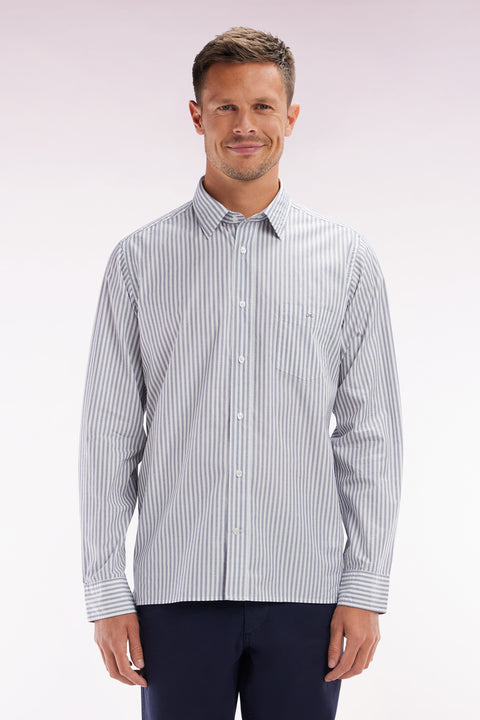 Straight-fit dark blue striped cotton shirt - Image 1