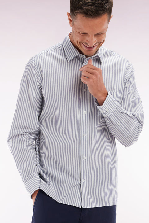 Straight-fit dark blue striped cotton shirt - Image 3