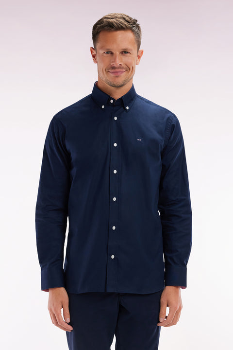 Straight-fit navy pinpoint cotton shirt with 10 embroidery - Image 1