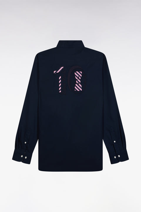 Straight-fit navy pinpoint cotton shirt with 10 embroidery - Image 2