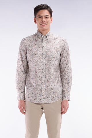 Straight-fit khaki Pima cotton poplin shirt with floral micro pattern