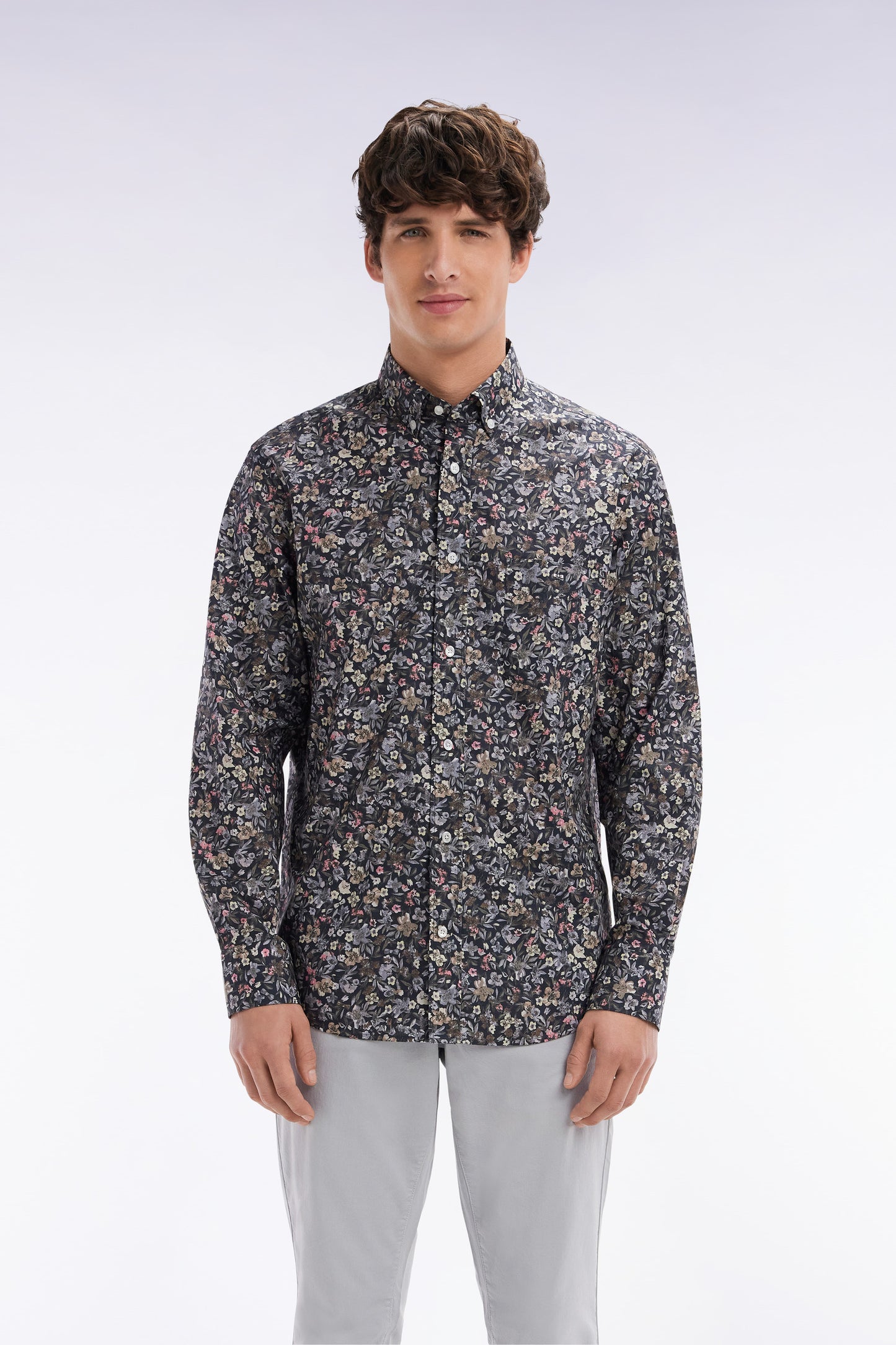 Straight-fit khaki micro print Pima cotton poplin shirt