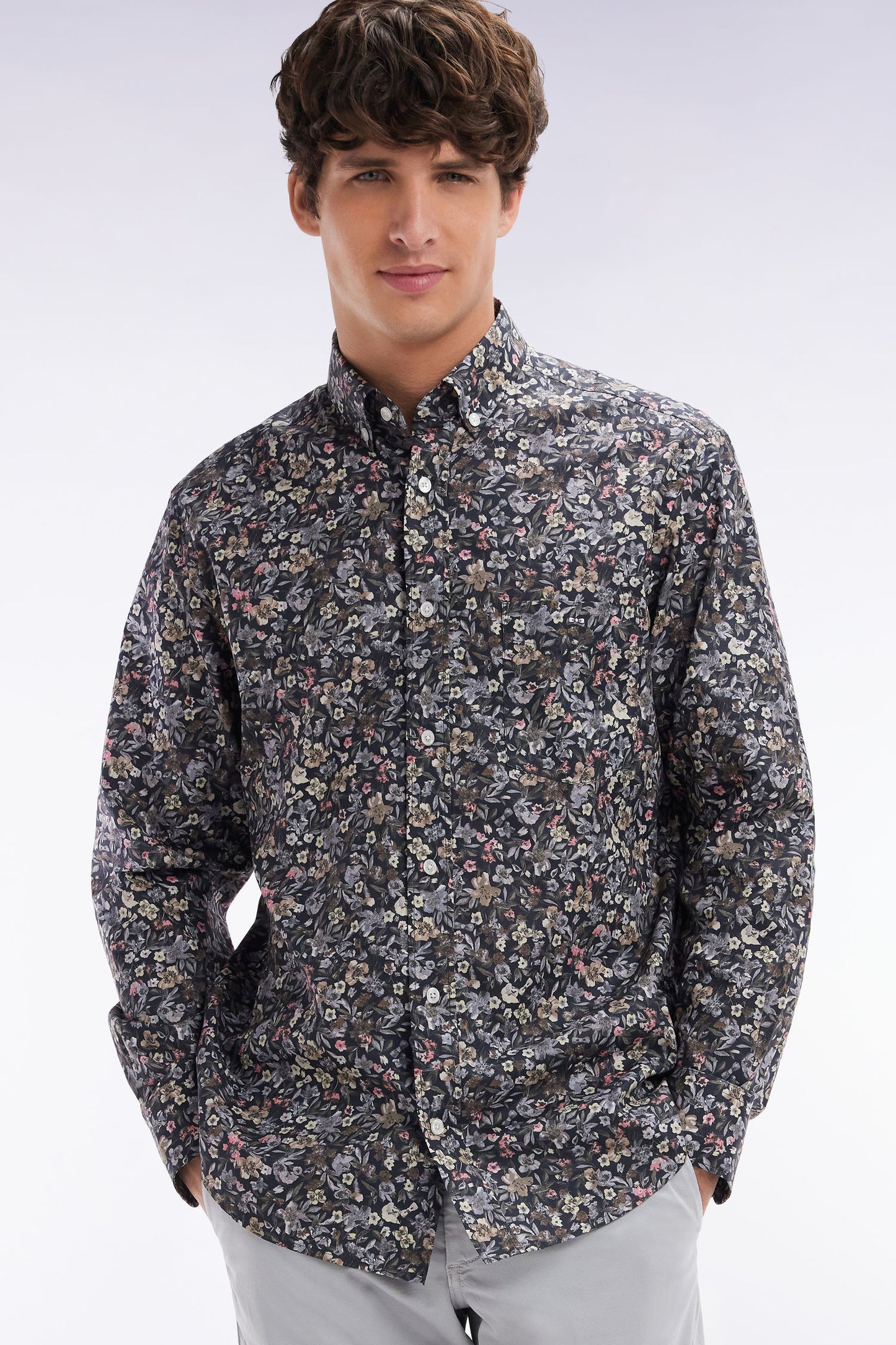 Straight-fit khaki micro print Pima cotton poplin shirt