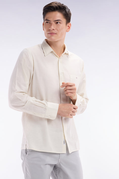 Chemise unie à poche plaquée en coton beige - Image 3