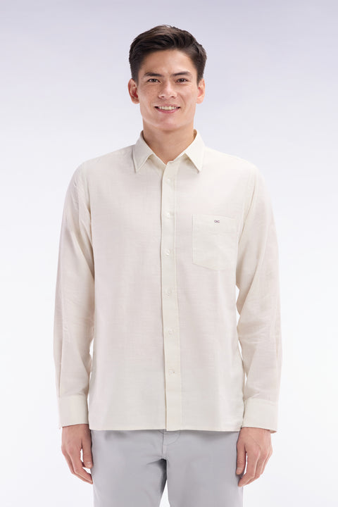Chemise unie à poche plaquée en coton beige - Image 1