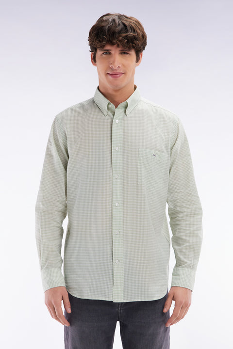 Chemise en popeline de coton à microcarreaux Vichy verts coupe droite - Image 1