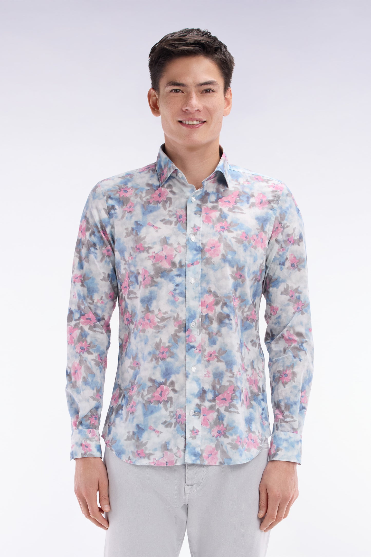 Slim-fit sky blue cotton shirt with floral print