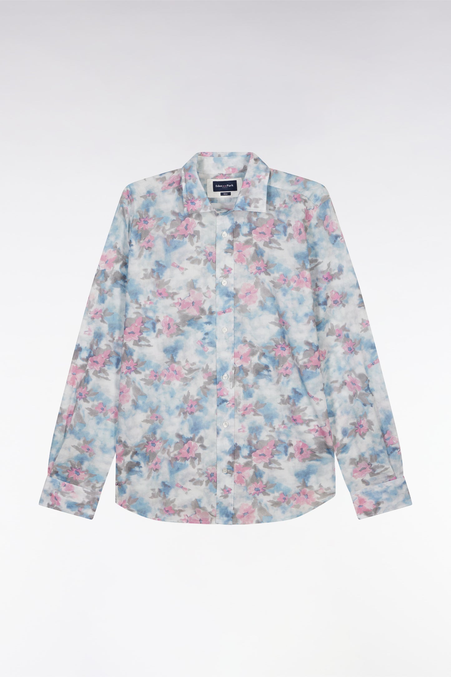 Slim-fit sky blue cotton shirt with floral print