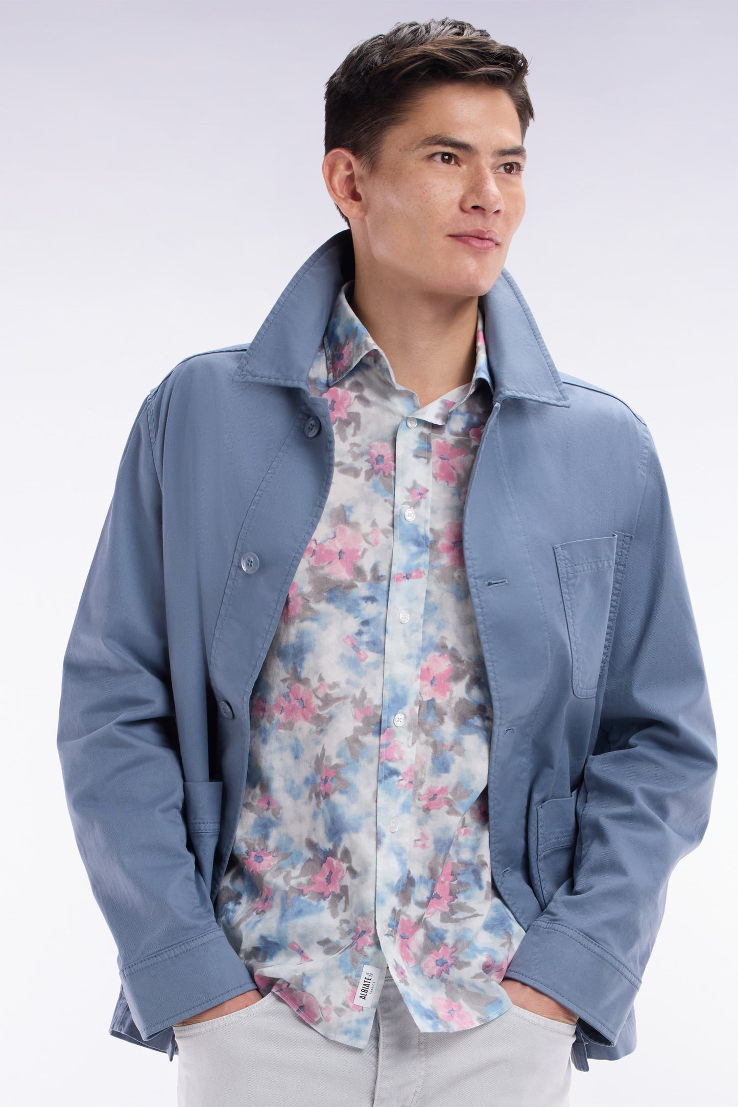 Slim-fit sky blue cotton shirt with floral print