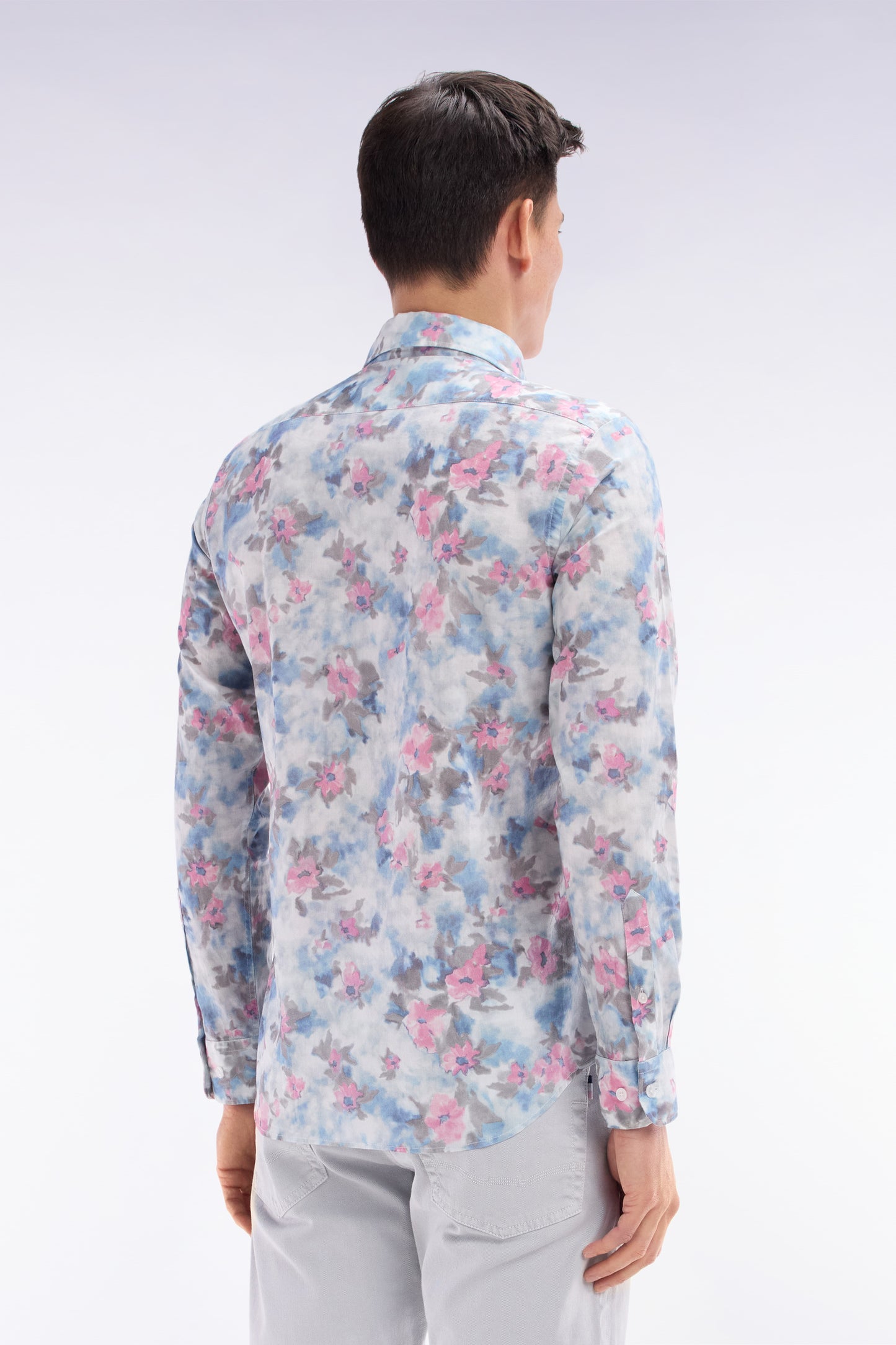 Slim-fit sky blue cotton shirt with floral print