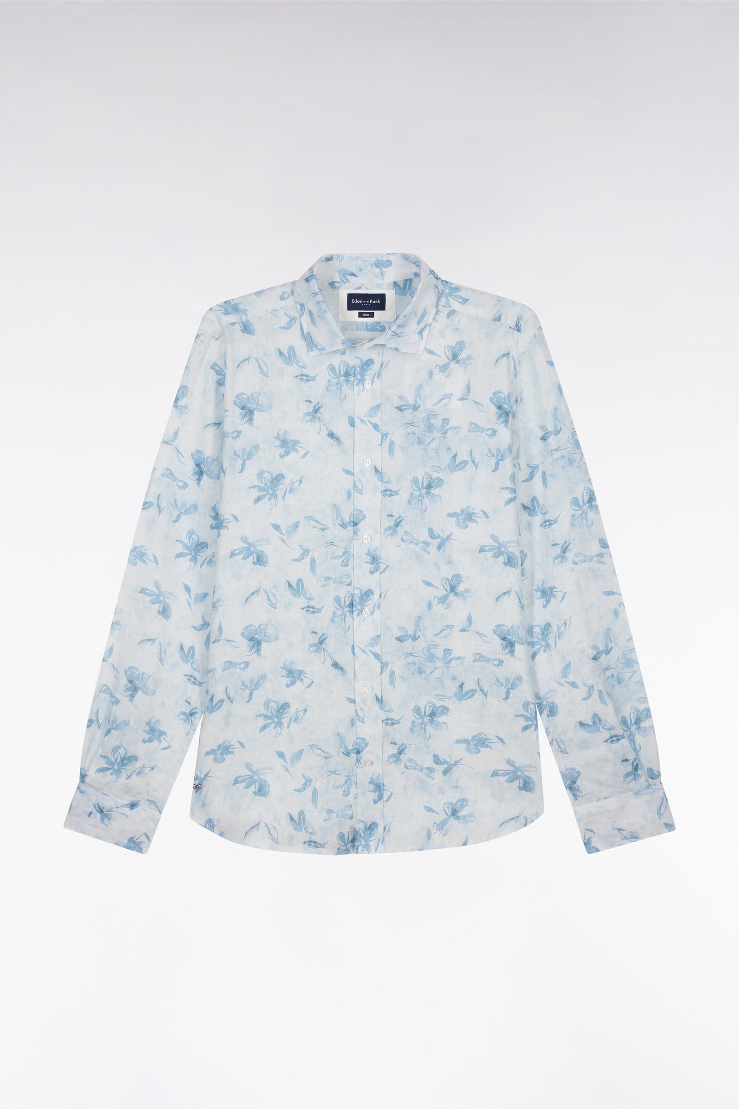 Slim-fit sky blue linen shirt with floral print