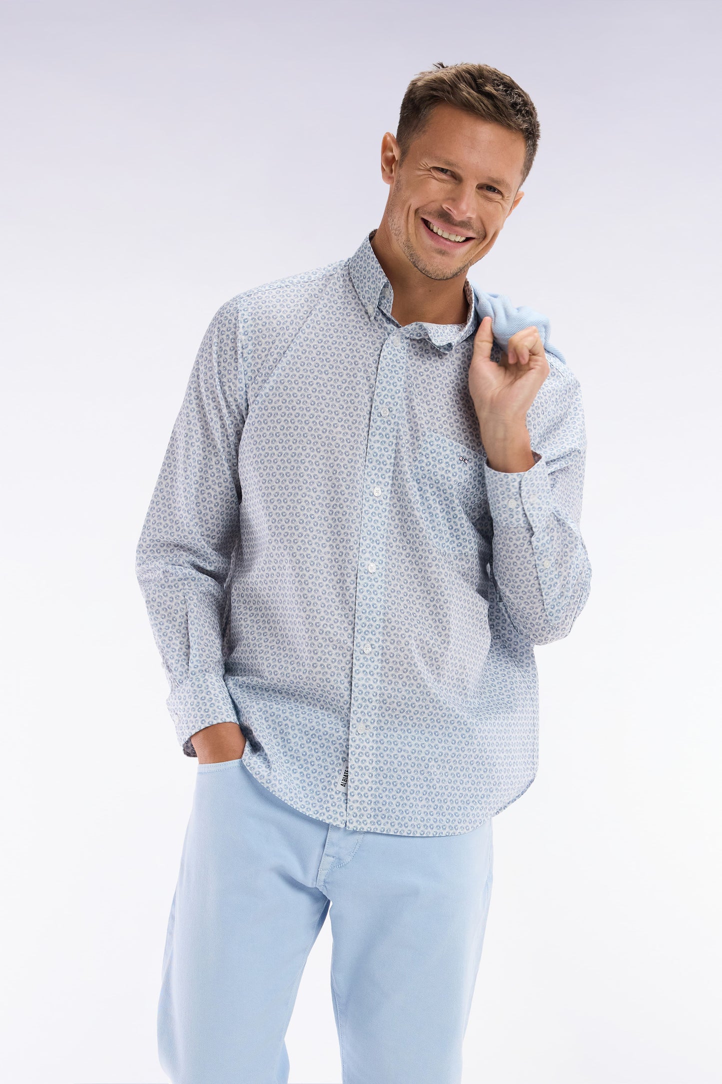 Straight-fit cotton poplin shirt with grey graphic microprint
