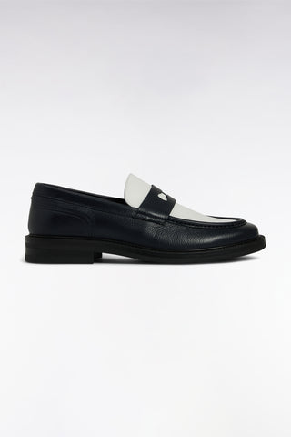 Mocassins bicolores en cuir grainé bleu marine et blanc