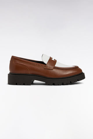 Two-tone brown and white leather loafers