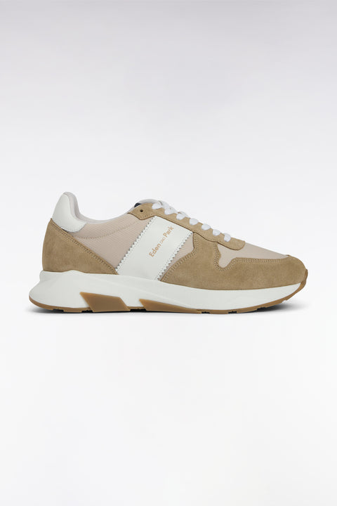Multi-material sneakers in beige leather - Image 1