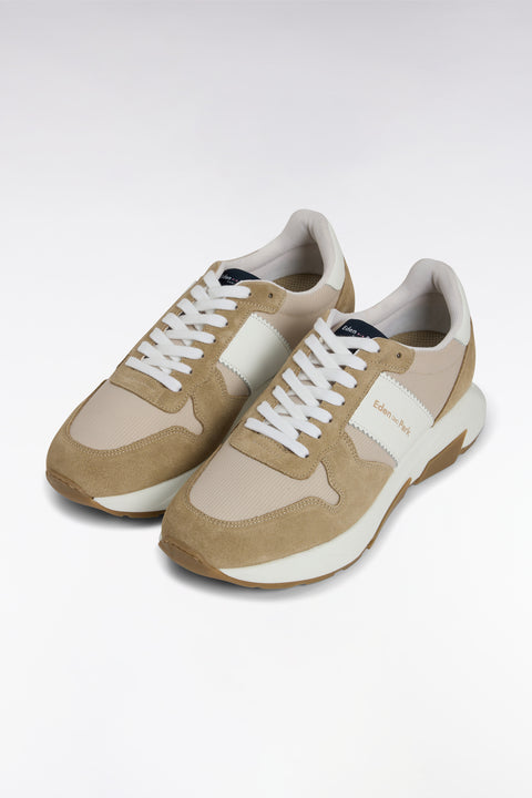 Multi-material sneakers in beige leather - Image 2