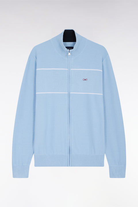 Zip-up trucker-collar cardigan in sky cotton with pink piping effect, straight cut - A SHOOTER - Image 1