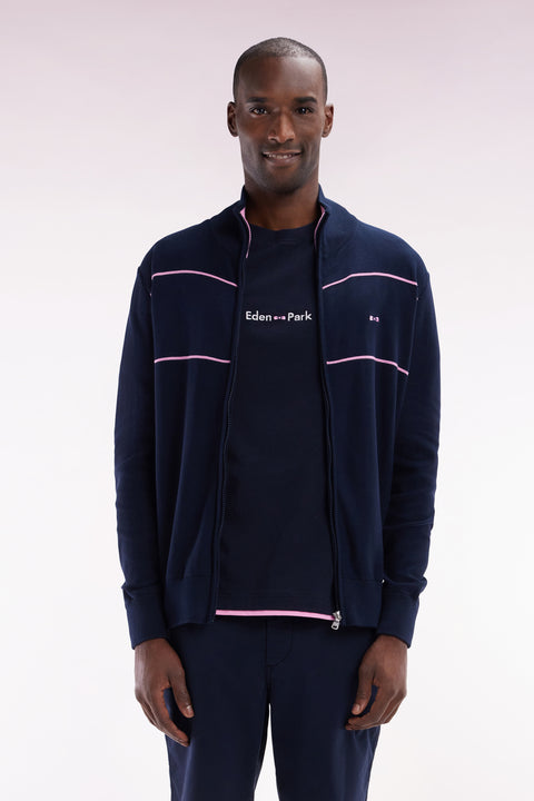 Straight zipped high collar navy cotton cardigan with pink piping effect - Image 1