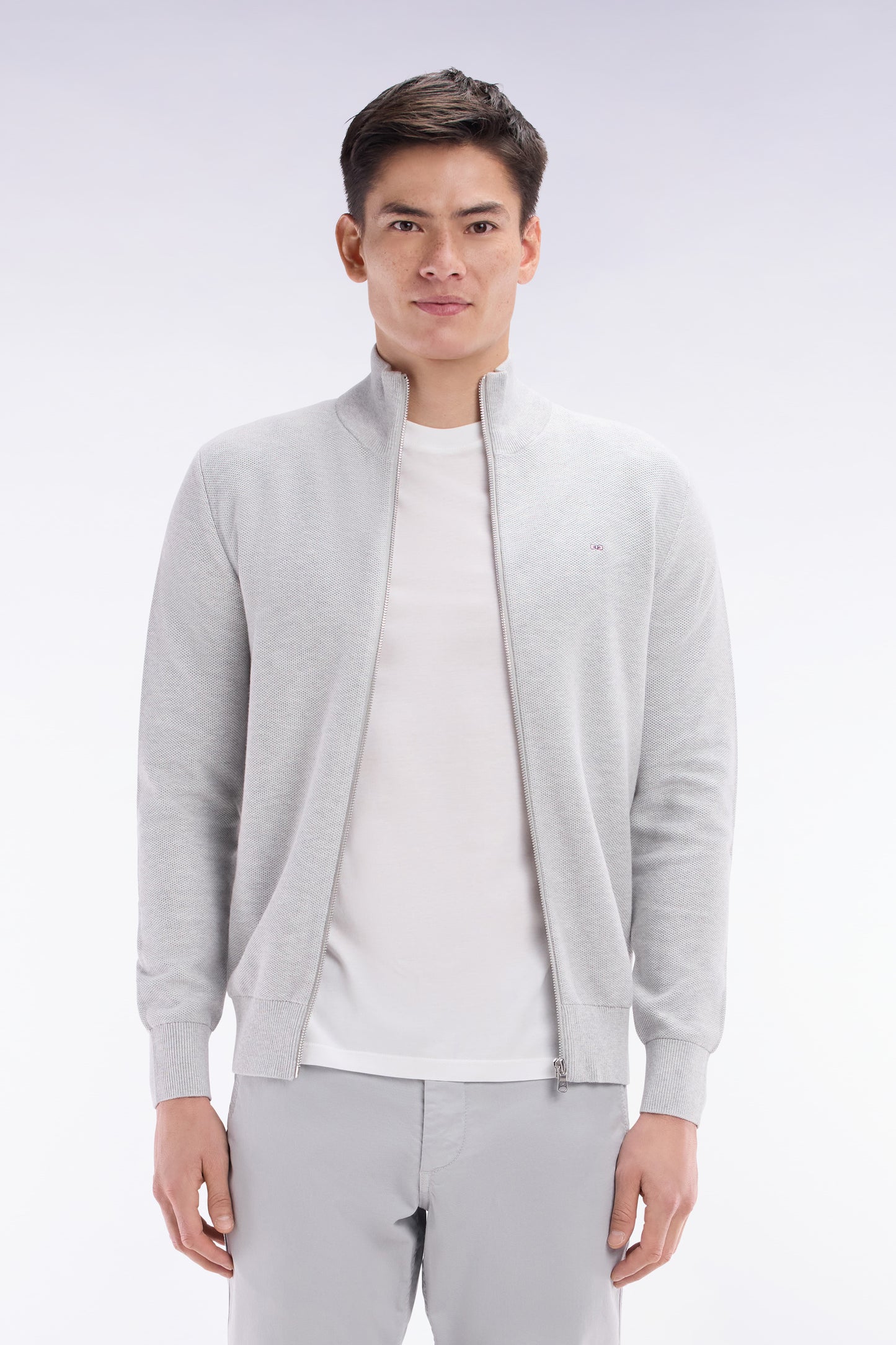 Cardigan zippé en coton nid d'abeille gris coupe droite