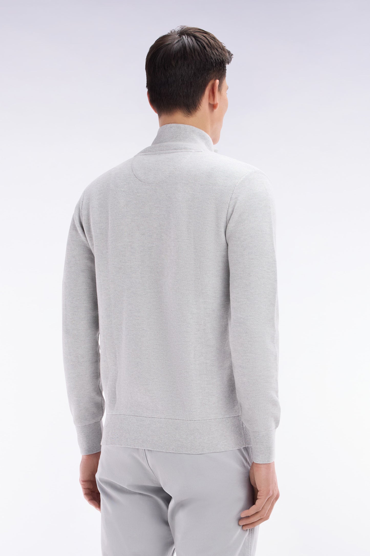 Cardigan zippé en coton nid d'abeille gris coupe droite