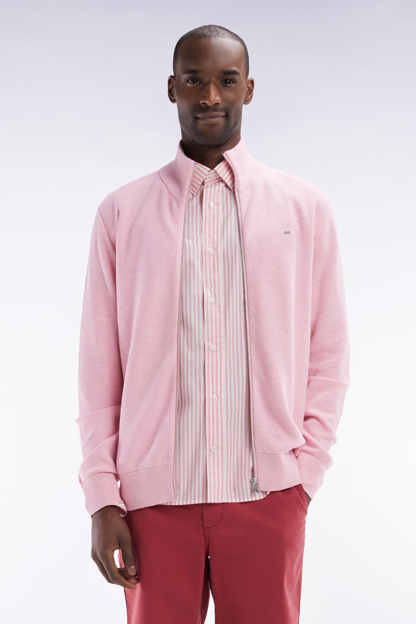 Straight-fit zipped pink honeycomb cotton cardigan