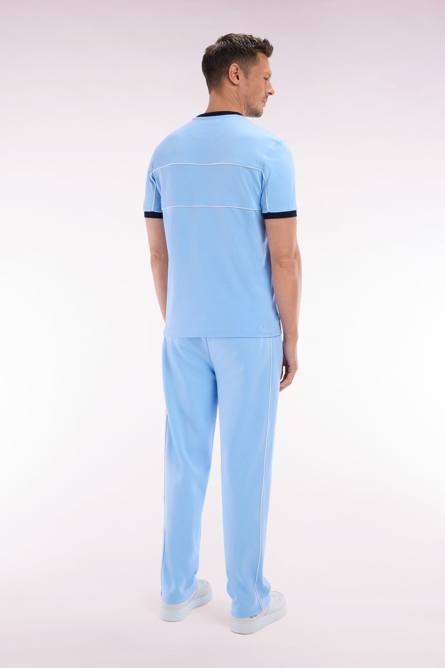 Straight-cut sky blue cotton interlock jogging pants