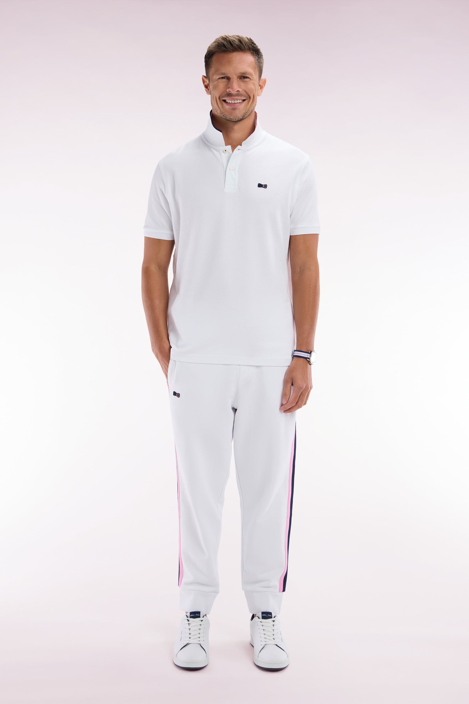 Pantalon jogging en coton blanc à détails tricolores coupe décontractée