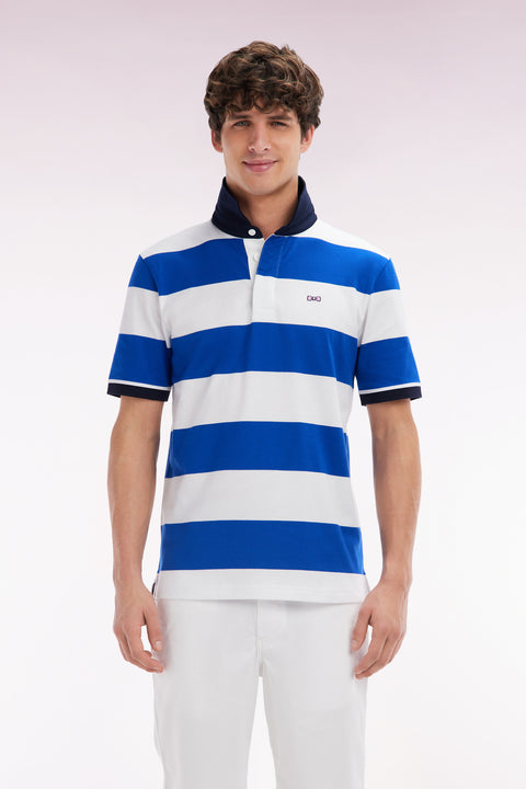 Maillot à manches courtes en coton Pima cerclé bleu et blanc coupe droite - Image 1