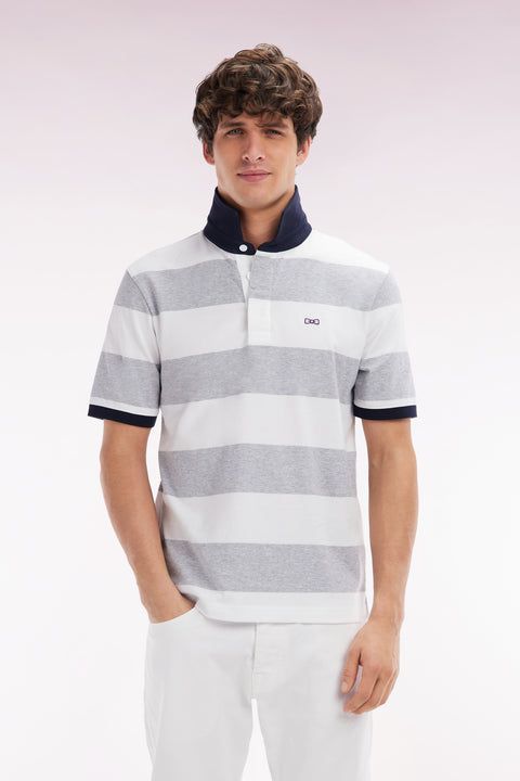 Maillot à manches courtes en coton Pima cerclé gris et blanc coupe droite - Image 1