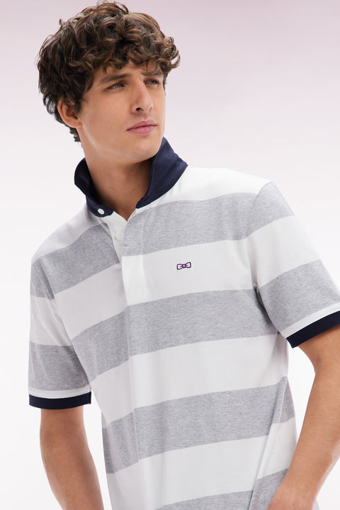 Maillot à manches courtes en coton Pima cerclé gris et blanc coupe droite - Image 3