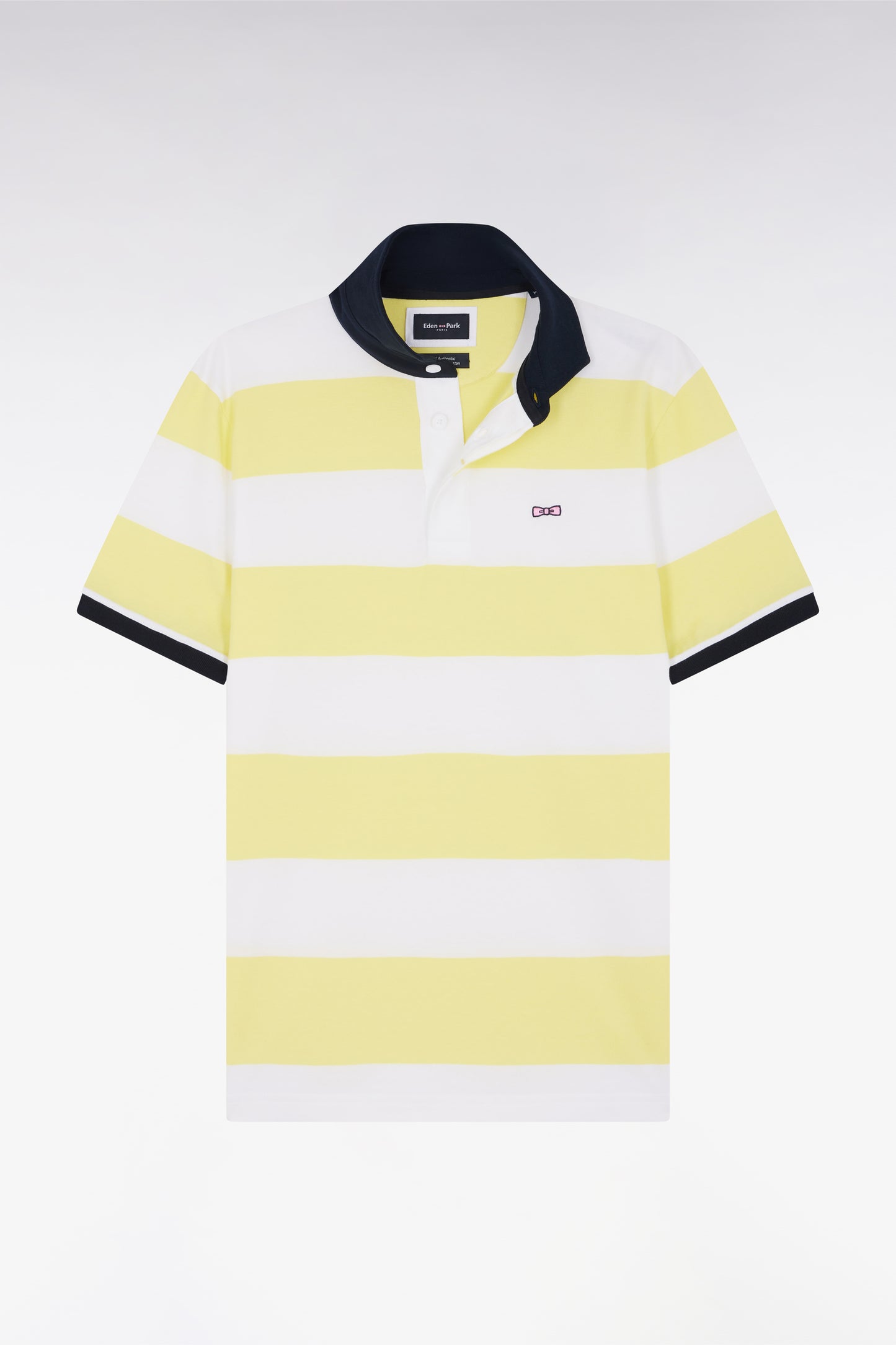 Straight short-sleeved rugby shirt in yellow and white striped Pima cotton