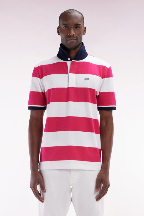 Maillot à manches courtes en coton Pima cerclé fuchsia et blanc coupe droite - Image 1