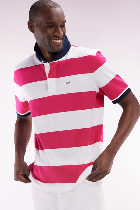 Maillot à manches courtes en coton Pima cerclé fuchsia et blanc coupe droite - Image 3