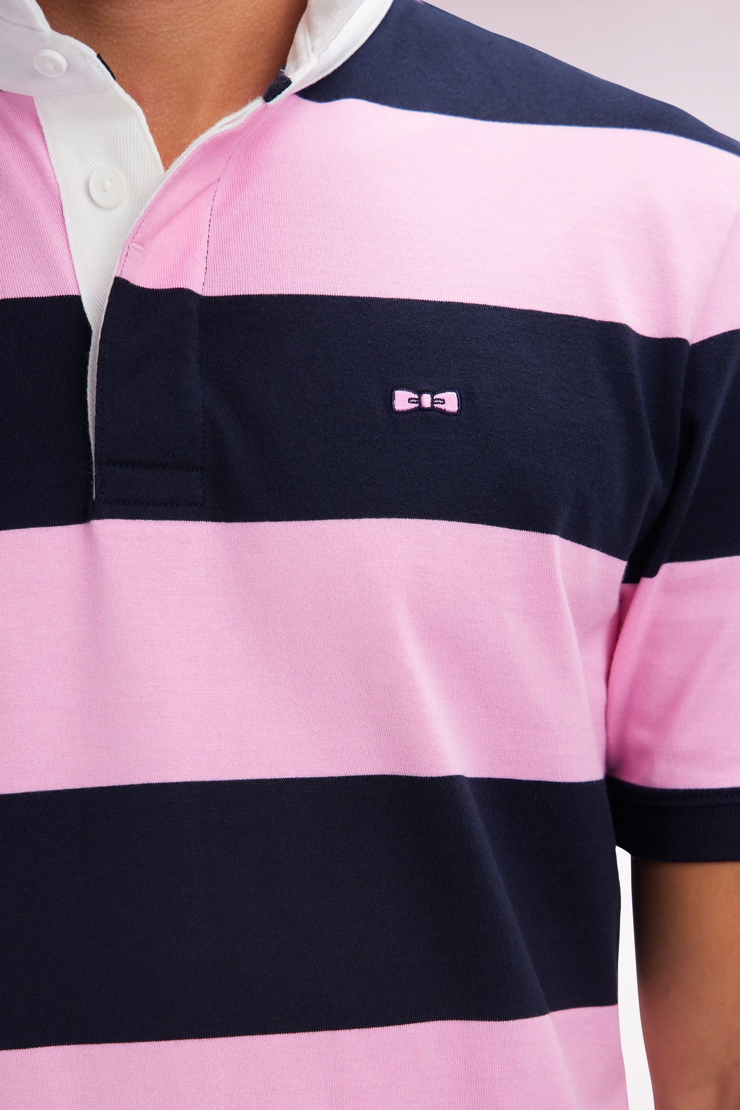 Straight short-sleeved rugby shirt in pink and navy striped Pima cotton
