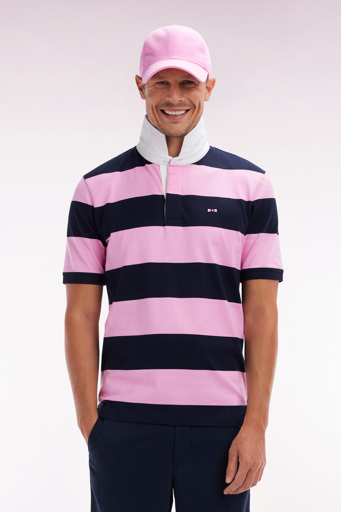 Straight short-sleeved rugby shirt in pink and navy striped Pima cotton
