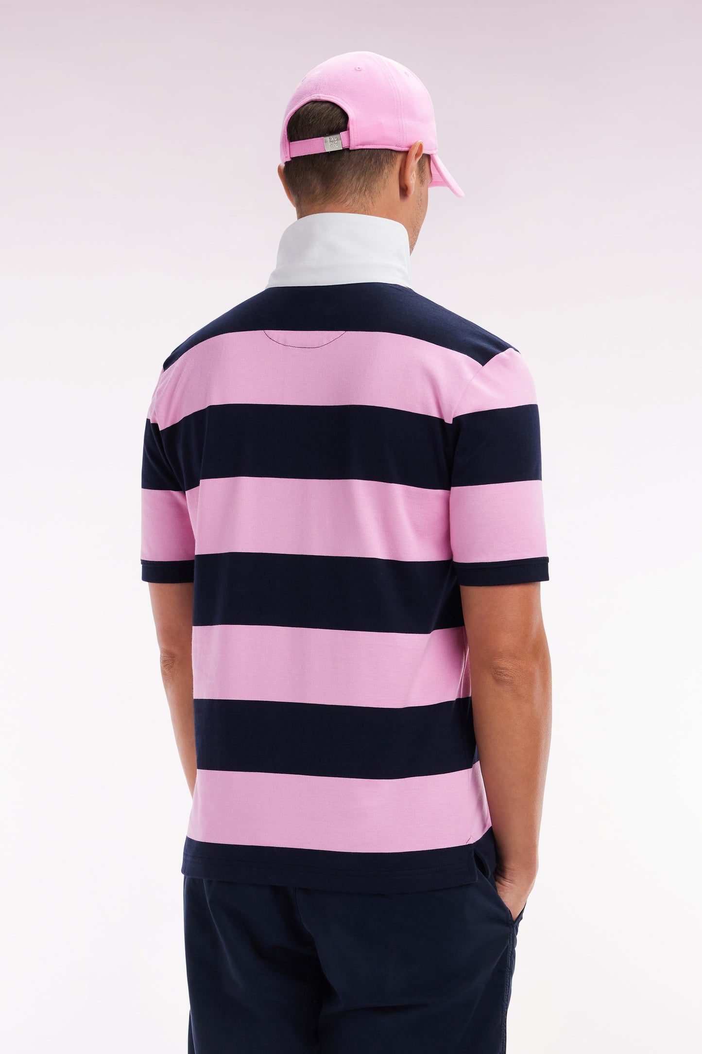 Straight short-sleeved rugby shirt in pink and navy striped Pima cotton