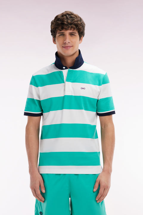 Maillot à manches courtes en coton Pima cerclé vert et blanc coupe droite - Image 1